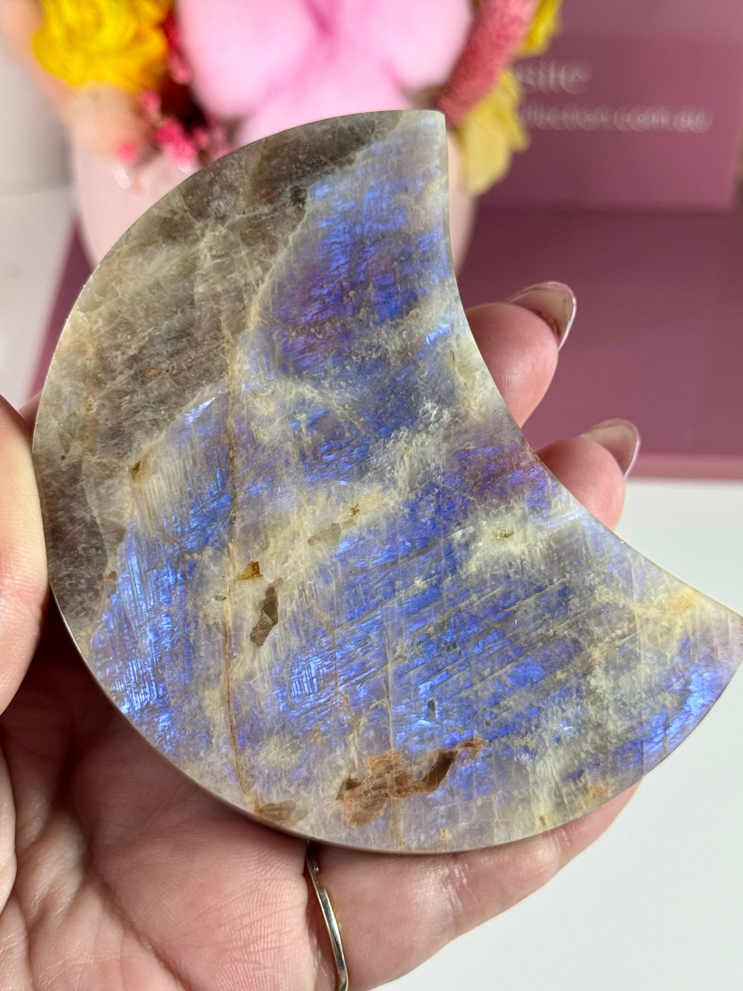Moonstone with Sunstone Moon on Black Stand (416B)