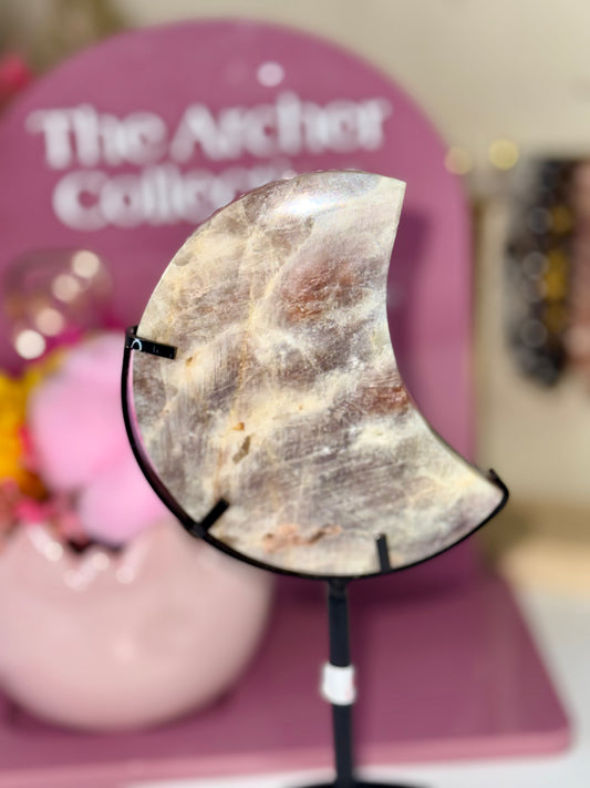 Moonstone with Sunstone Moon on Black Stand (416B)