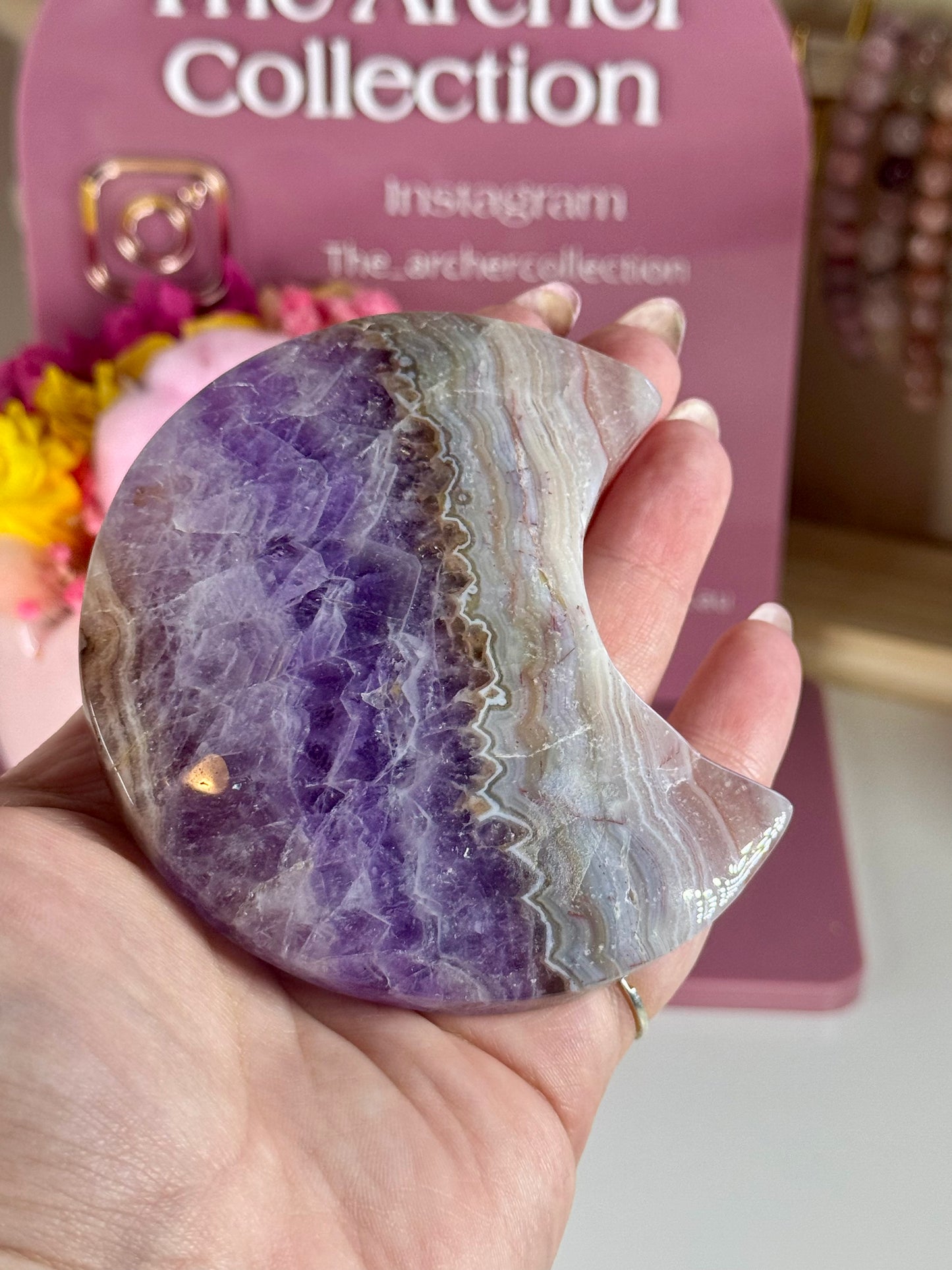 Amethyst and Mexican Crazy Lace Agate Moon with Black Stand (51)