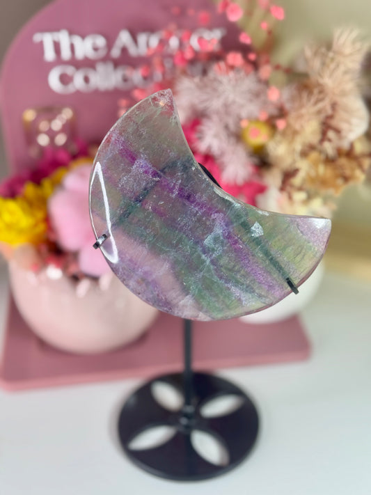 Rainbow Fluorite Moon on Black Stand