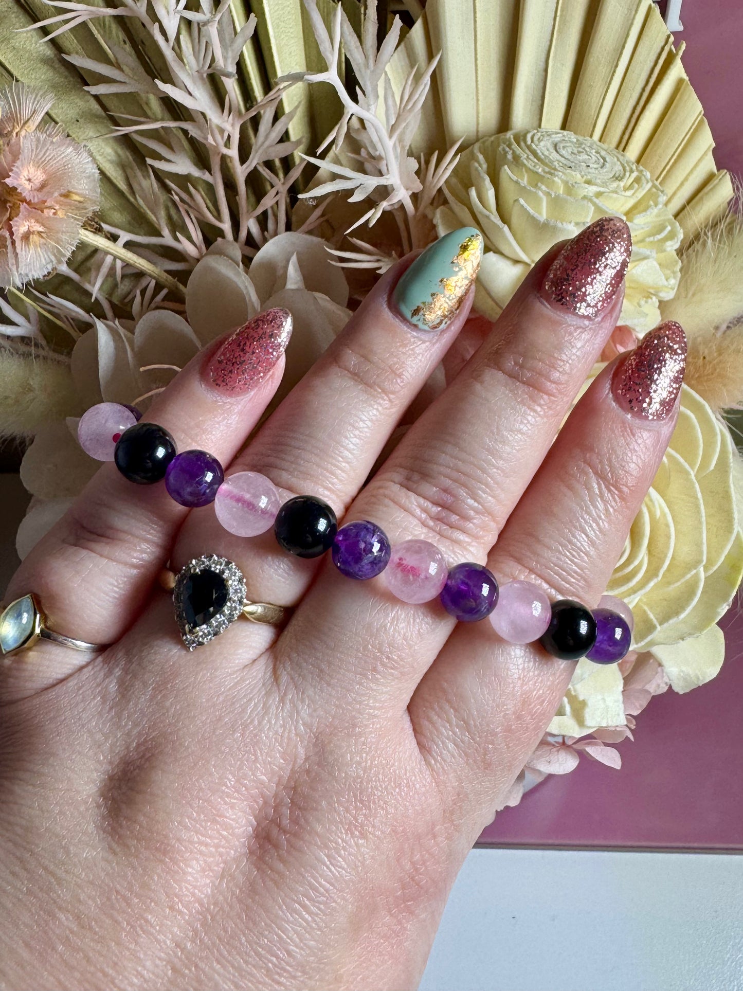8mm Amethyst, Rose Quartz, Obsidian Bead Bracelet