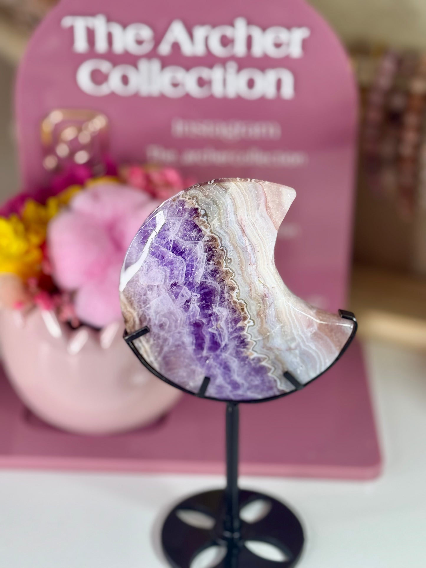 Amethyst and Mexican Crazy Lace Agate Moon with Black Stand (51)