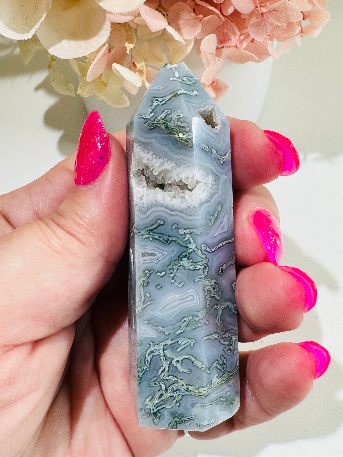 Moss Agate Tower (chipped tip)