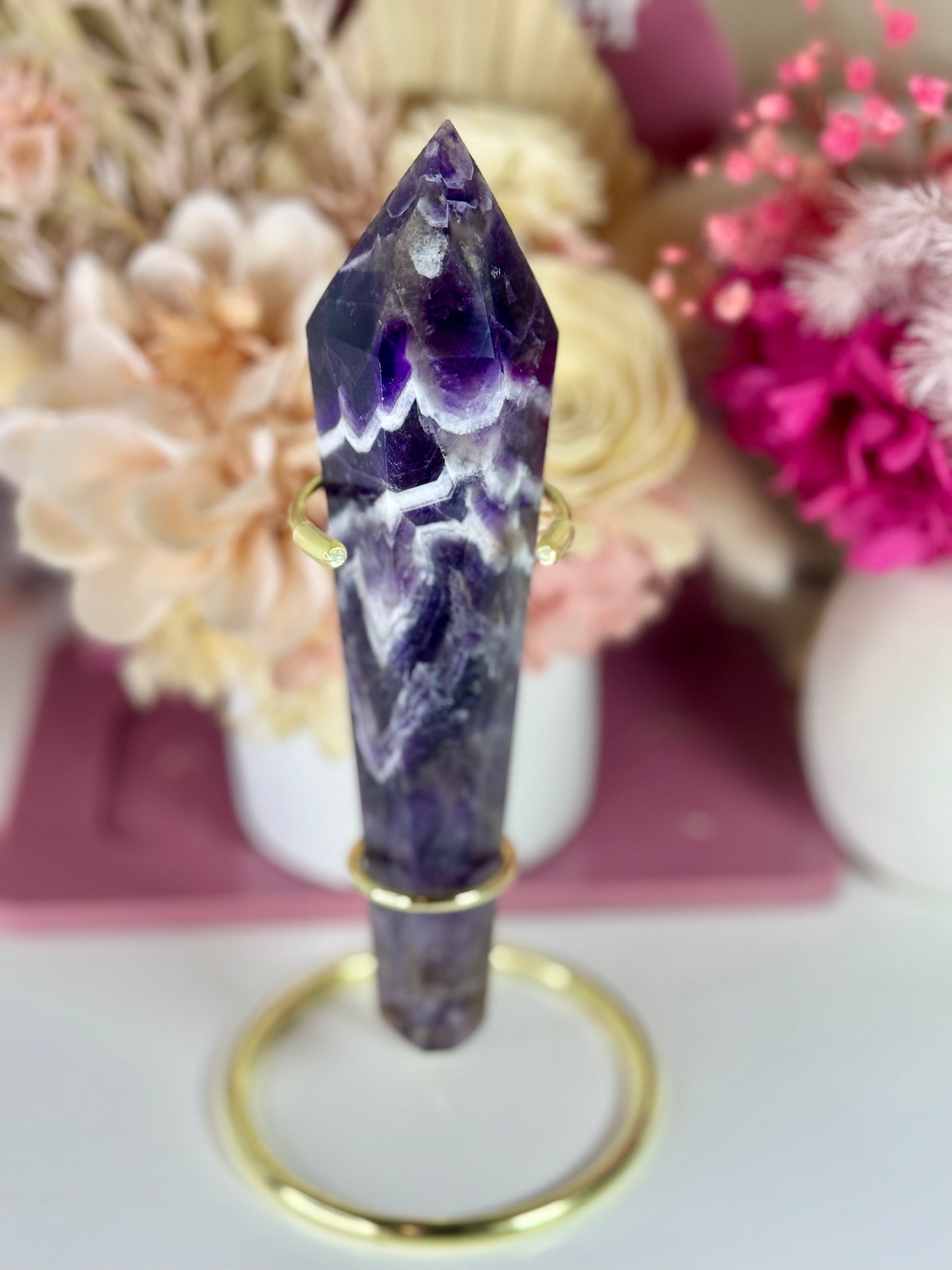 Chevron Amethyst Wand with Gold Stand