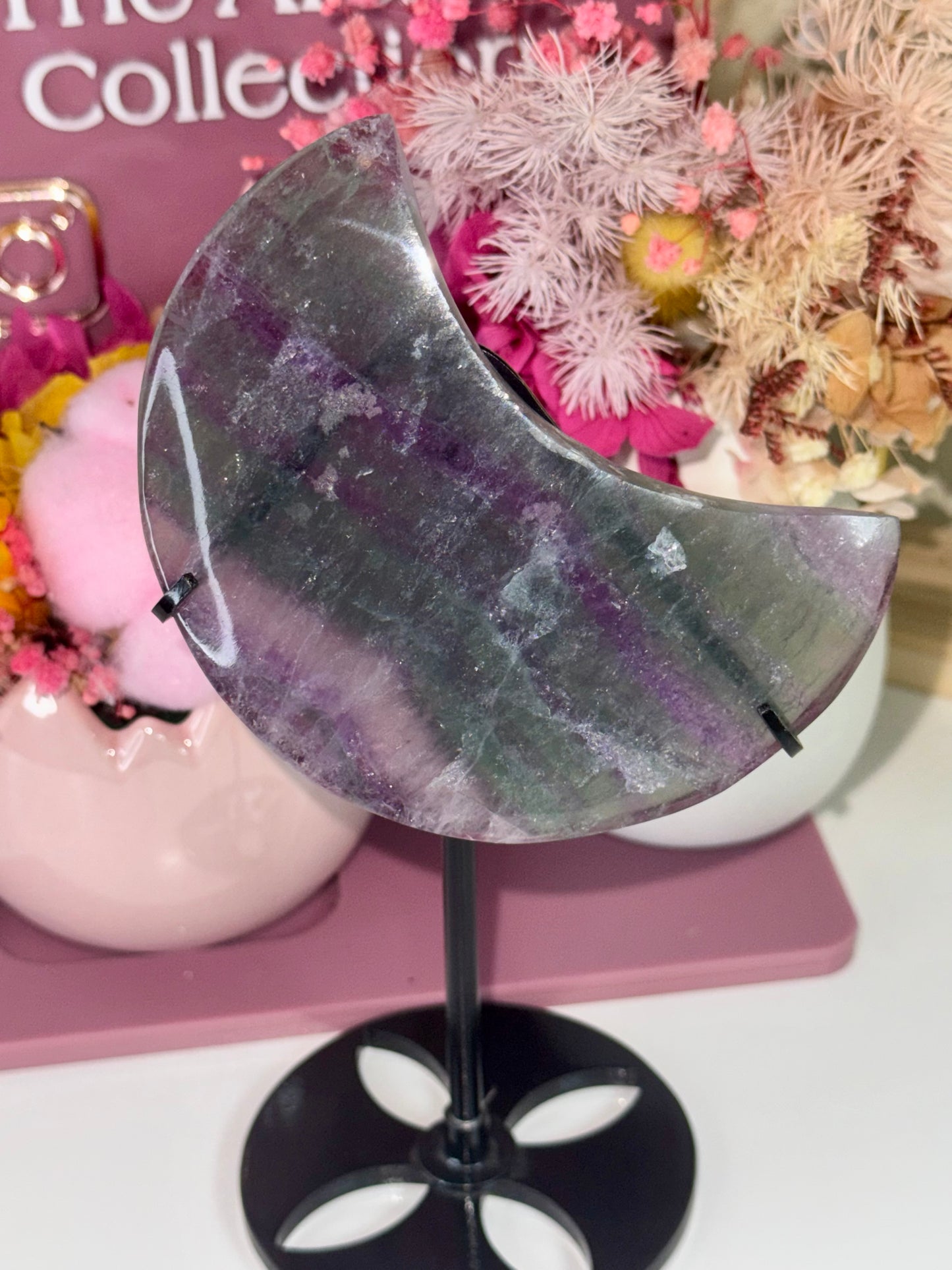 Rainbow Fluorite Moon on Black Stand