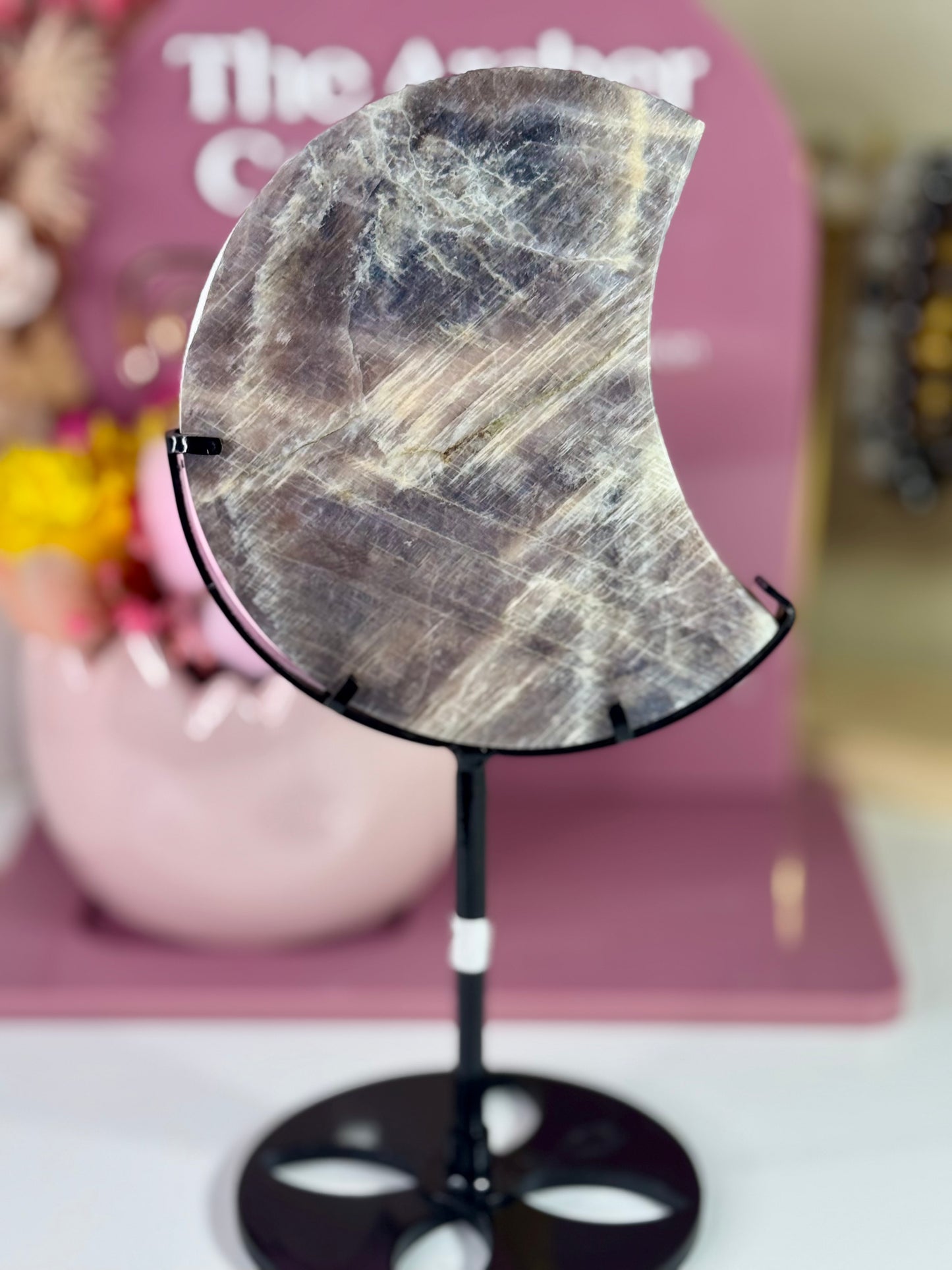 Moonstone Moon on Black Stand (416A)