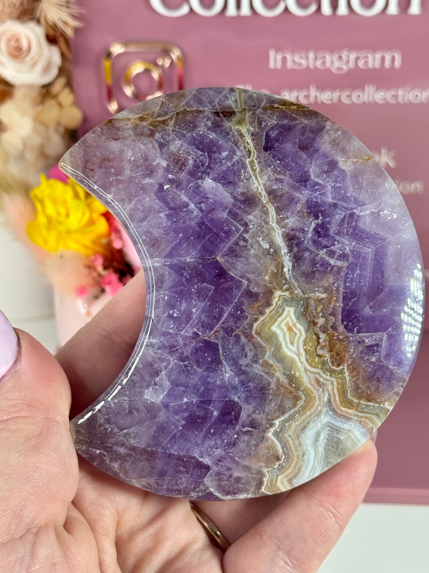 Amethyst and Mexican Crazy Lace Agate Moon with Black Stand (3)