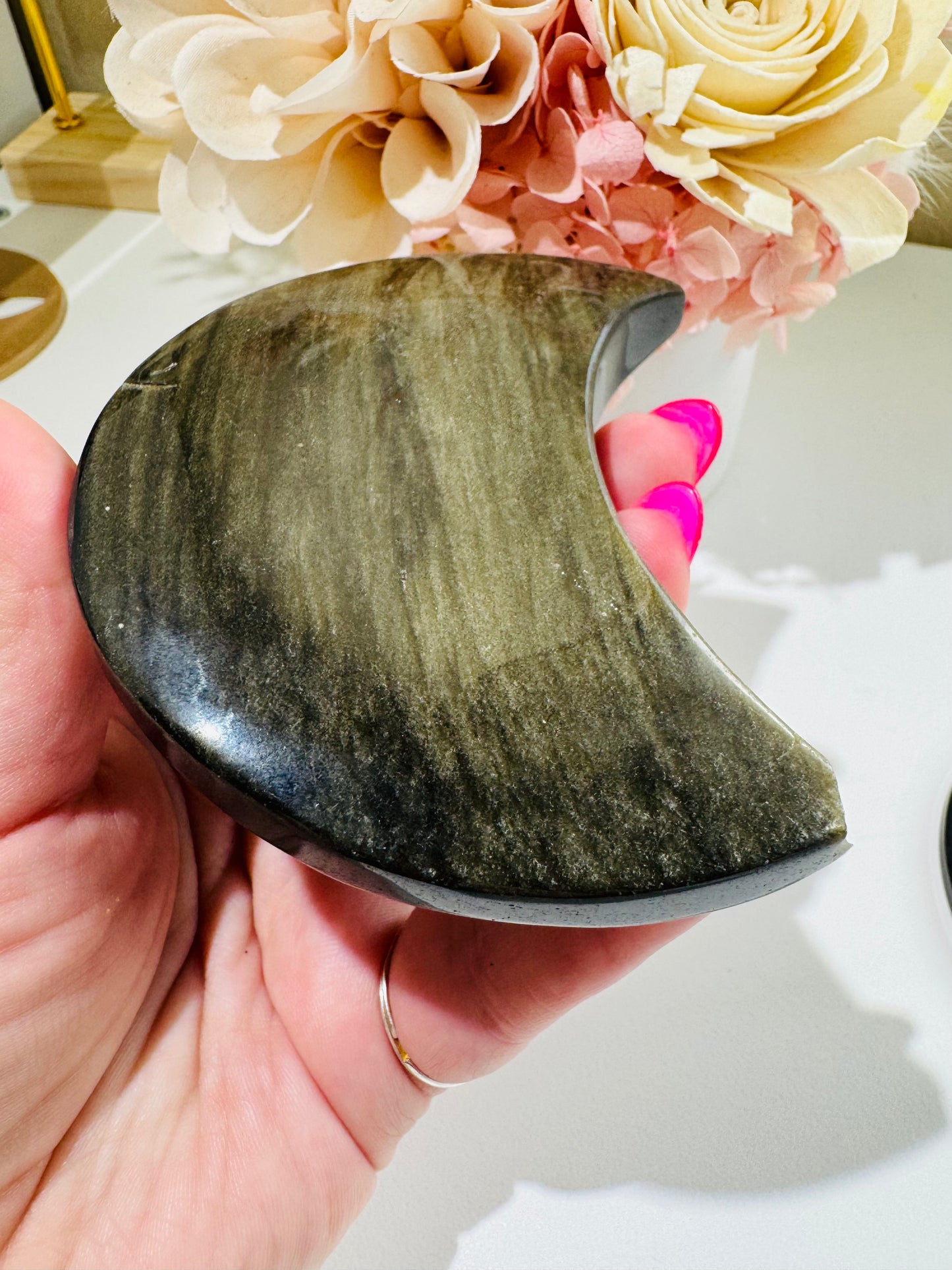 Gold Sheen Obsidian Moon on Stand