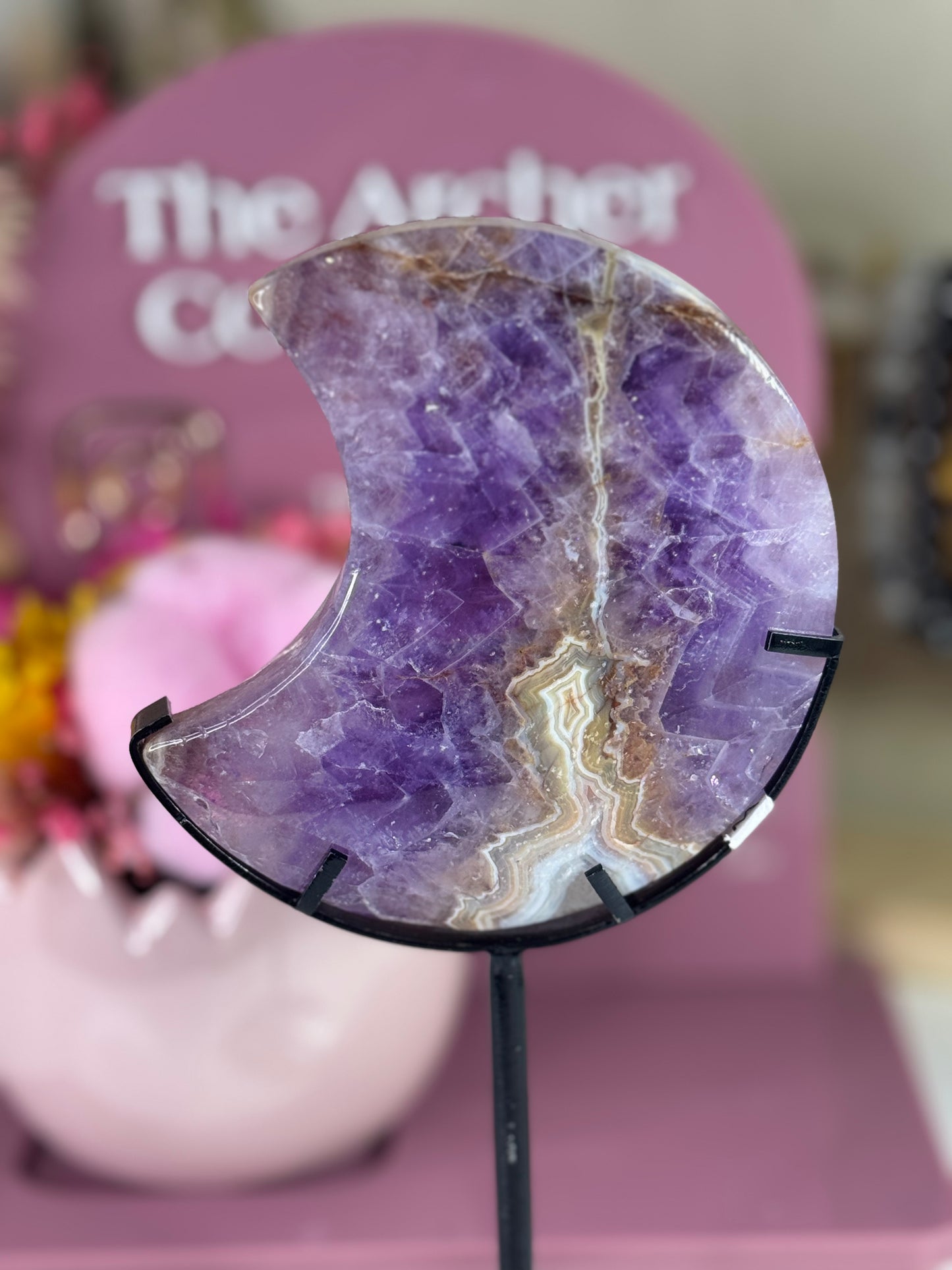 Amethyst and Mexican Crazy Lace Agate Moon with Black Stand (3)