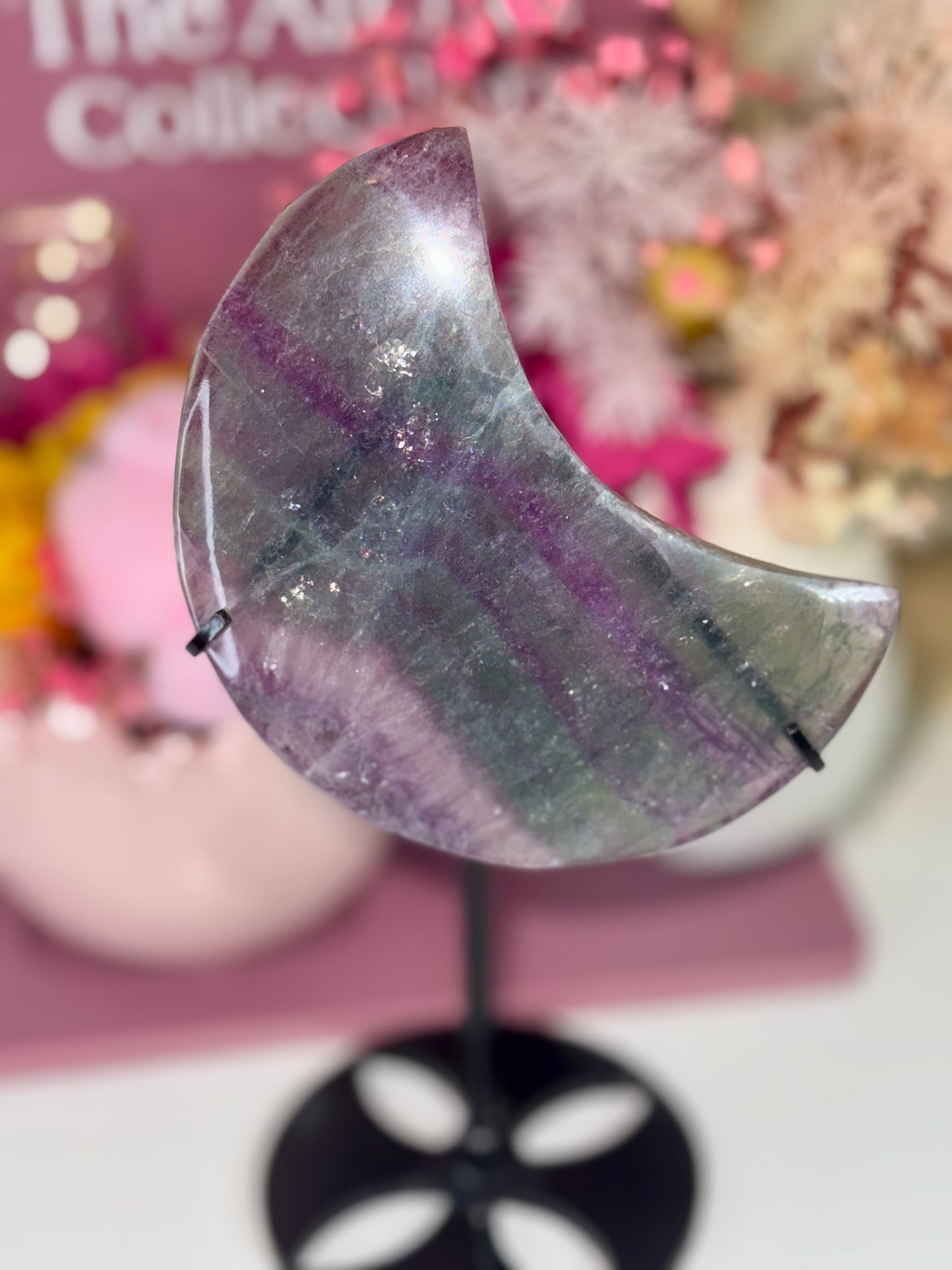 Rainbow Fluorite Moon on Black Stand