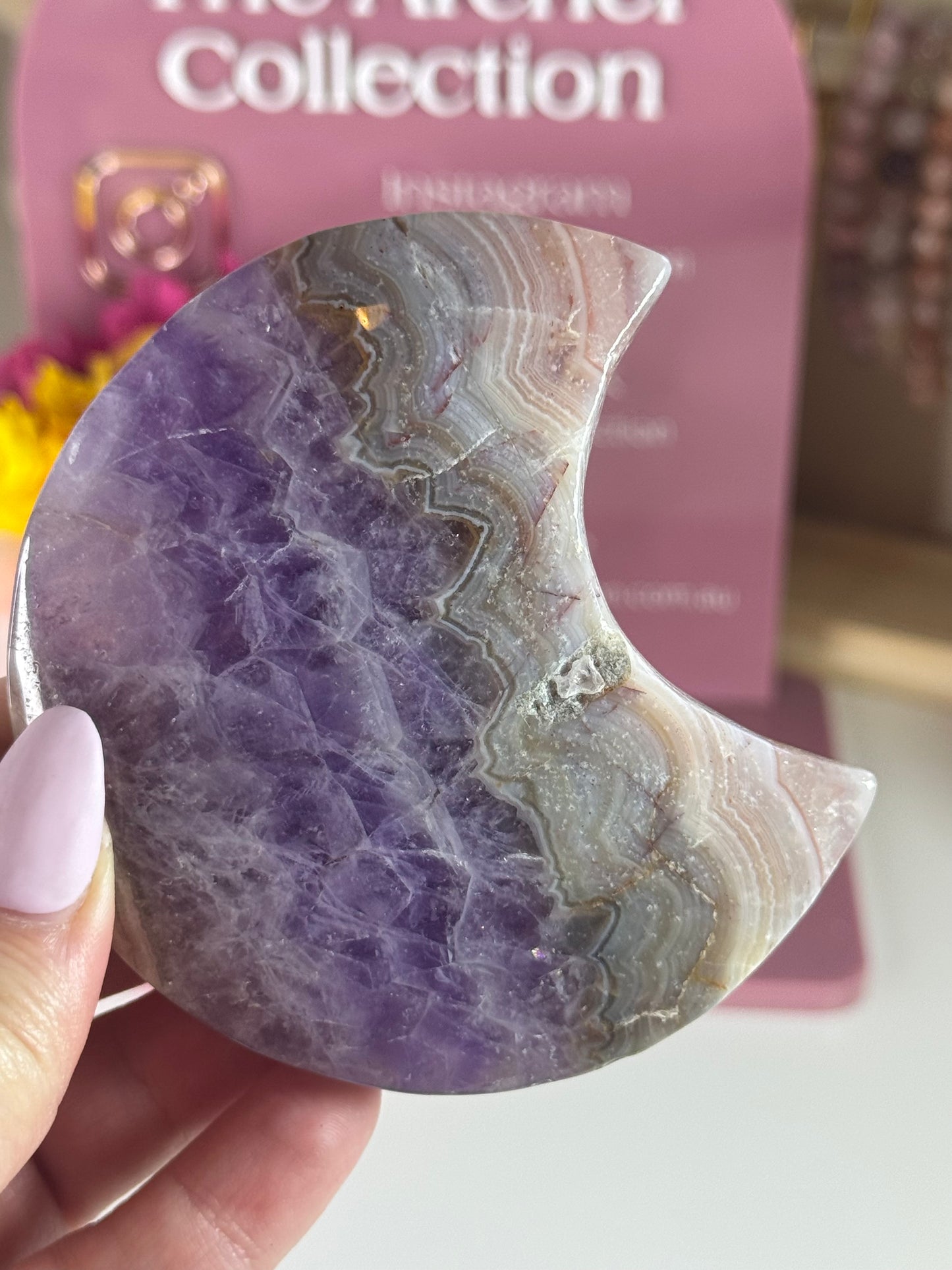 Amethyst and Mexican Crazy Lace Agate Moon with Black Stand (51)