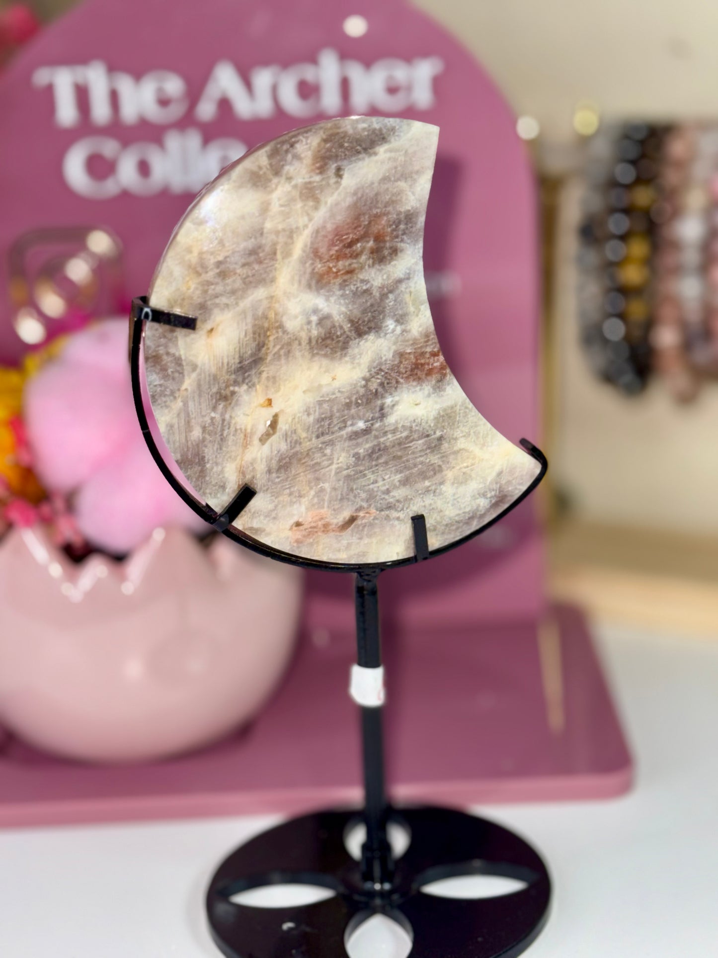 Moonstone with Sunstone Moon on Black Stand (416B)