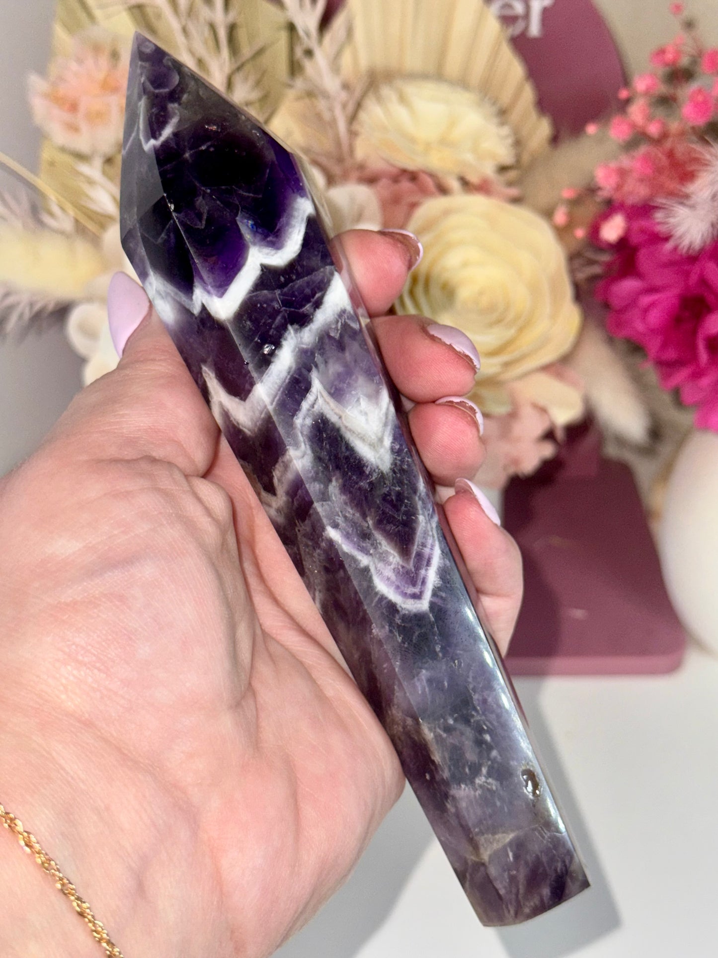 Chevron Amethyst Wand with Gold Stand