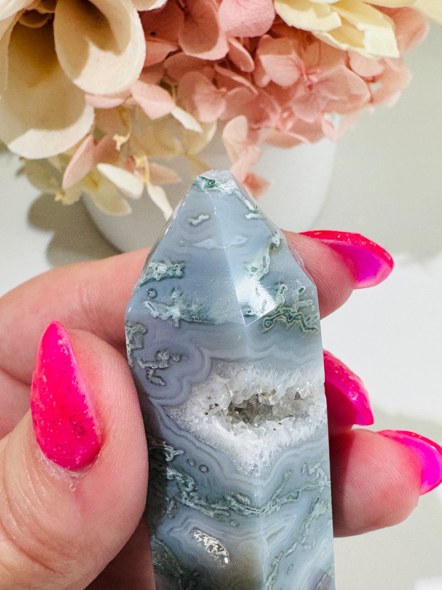Moss Agate Tower (chipped tip)