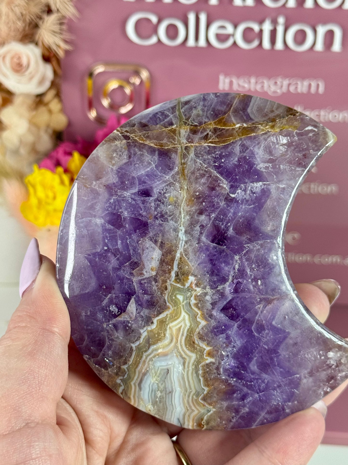 Amethyst and Mexican Crazy Lace Agate Moon with Black Stand (3)