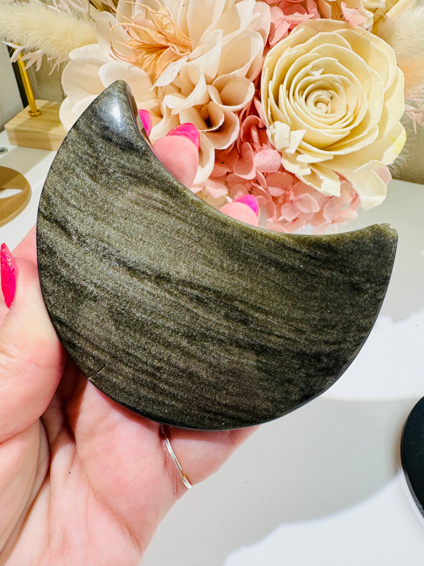 Gold Sheen Obsidian Moon on Stand