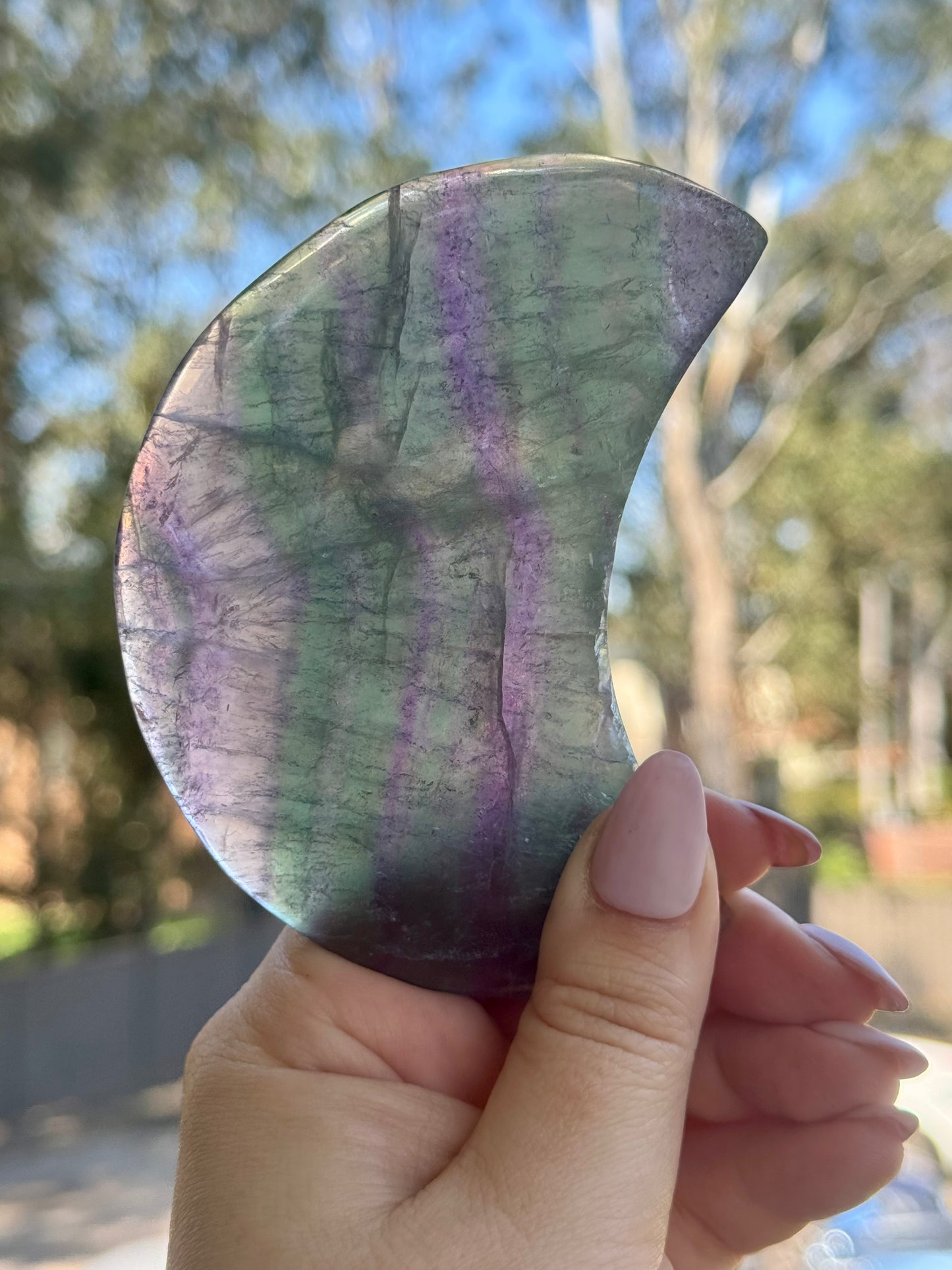 Rainbow Fluorite Moon on Black Stand