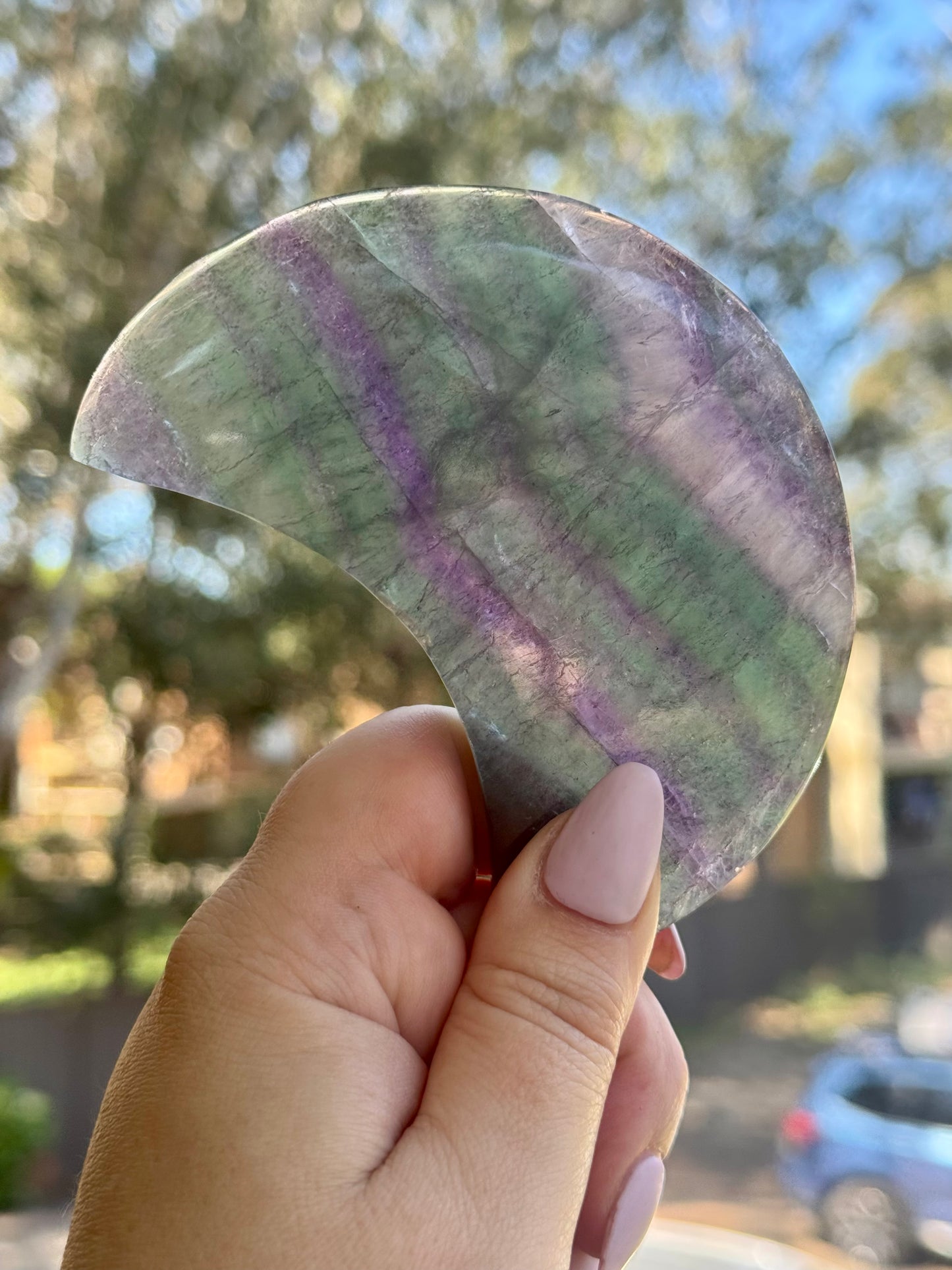Rainbow Fluorite Moon on Black Stand