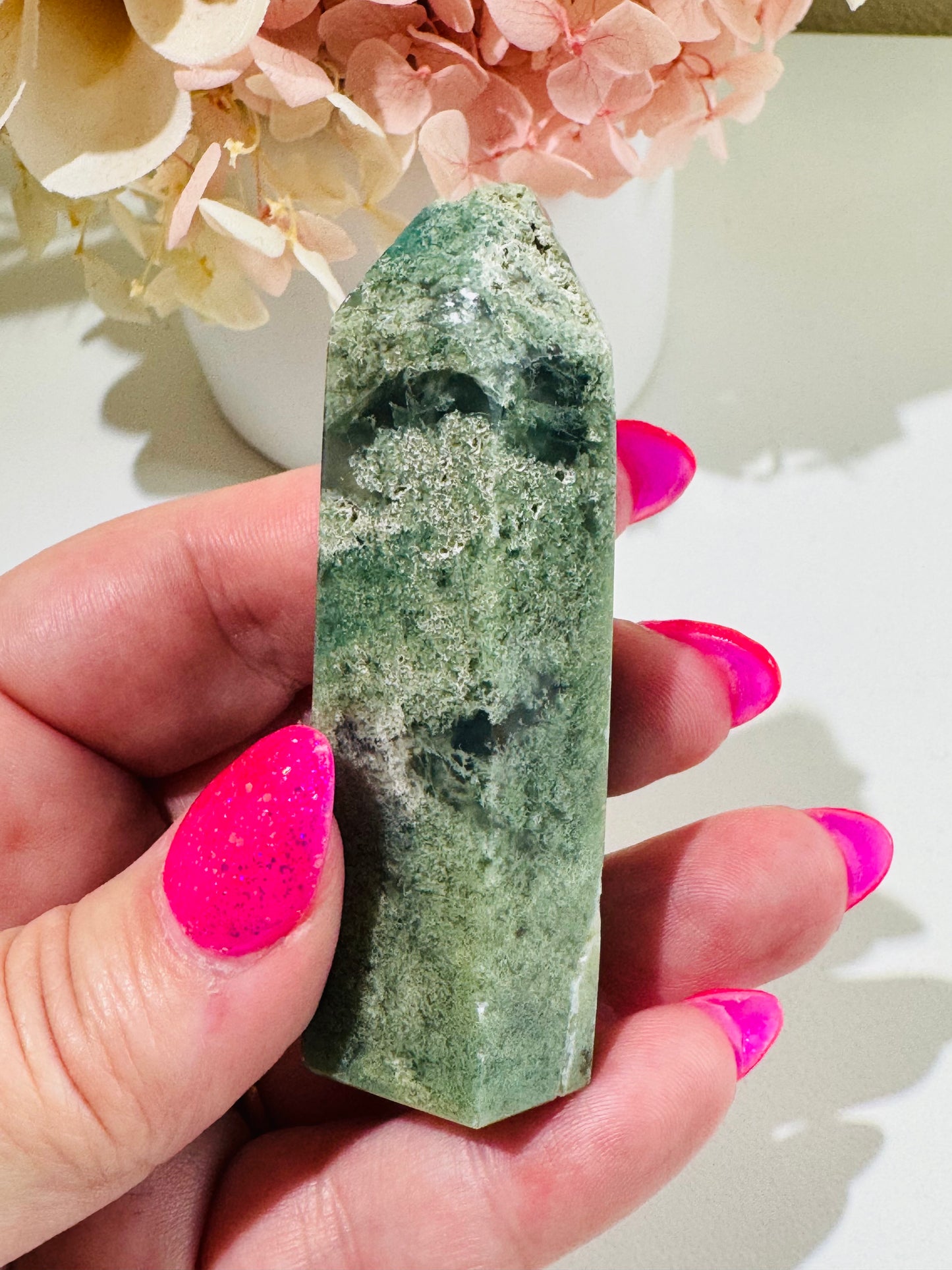 Moss Agate Tower (chipped tip)
