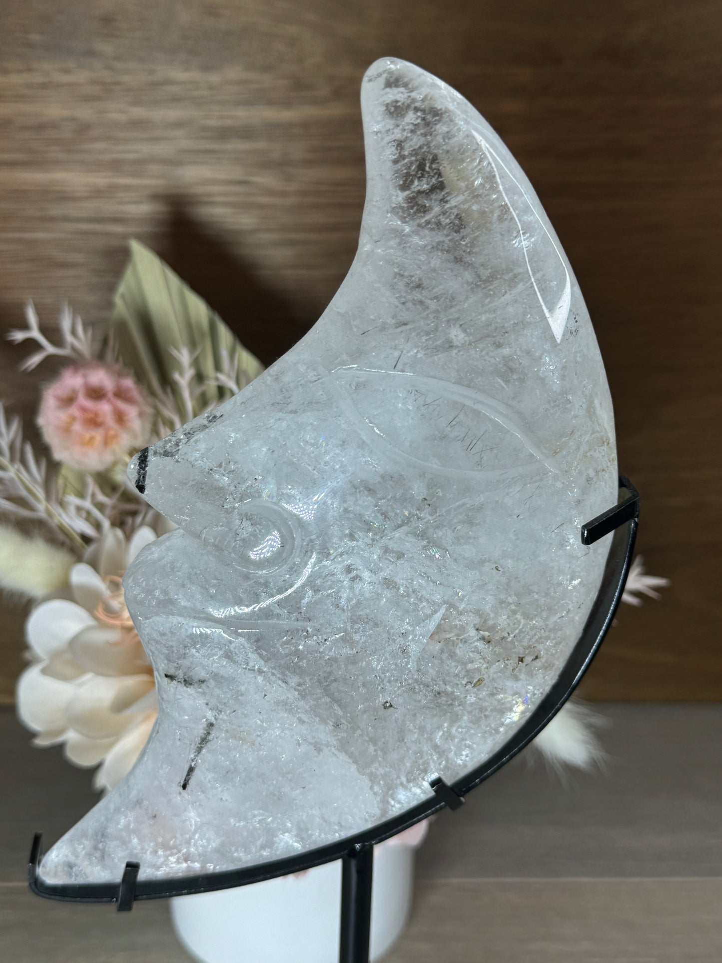 Clear Quartz with Tourmaline XL Moon Face on Stand