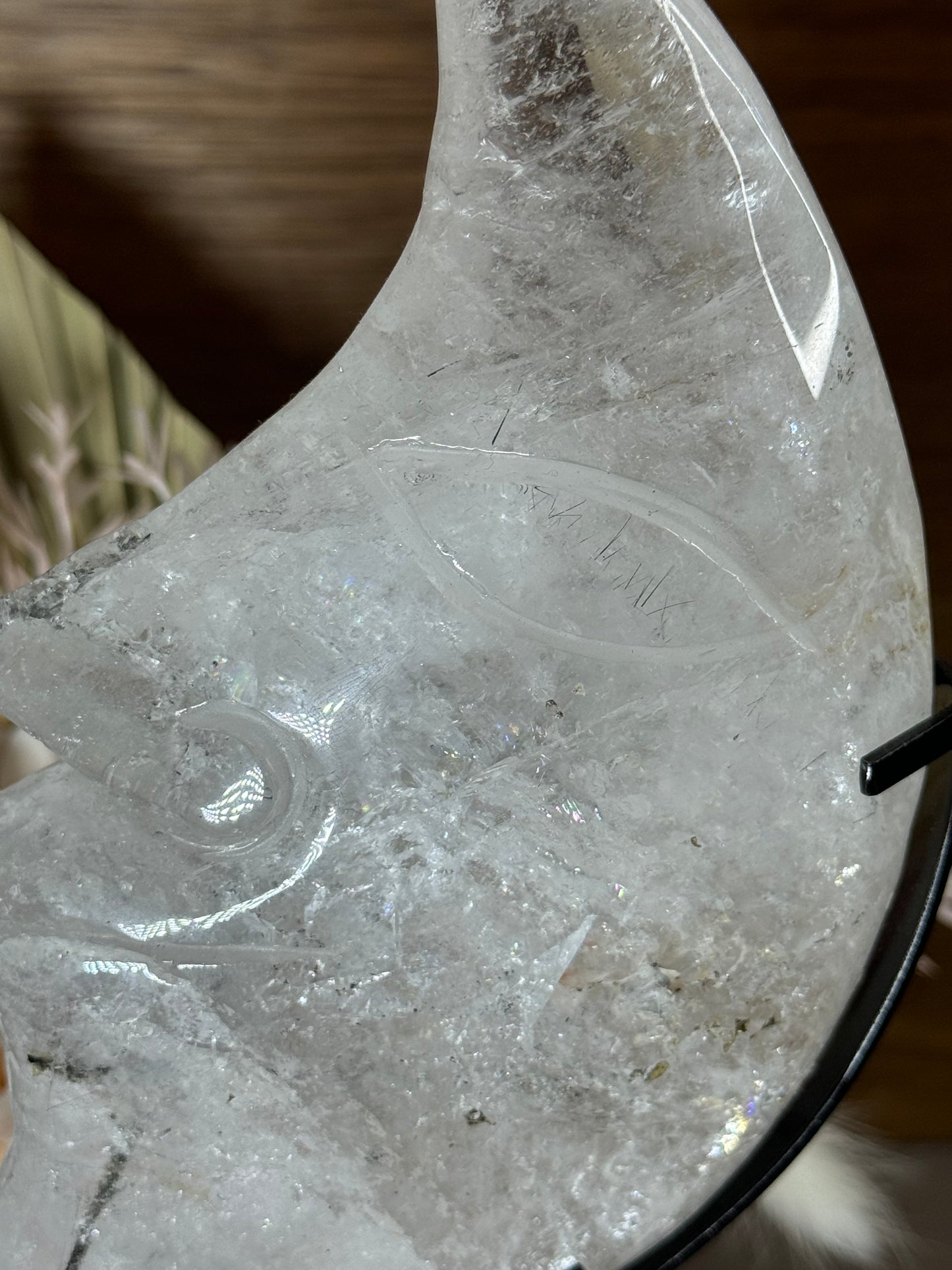 Clear Quartz with Tourmaline XL Moon Face on Stand