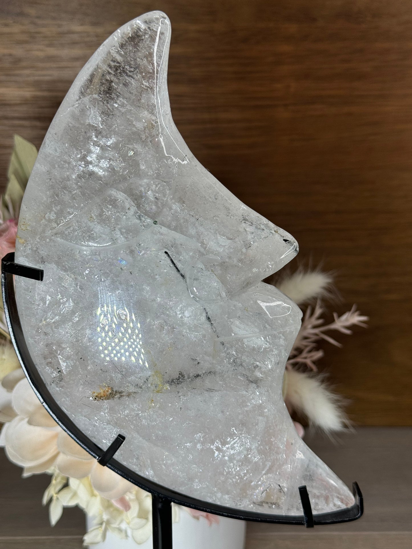 Clear Quartz with Tourmaline XL Moon Face on Stand