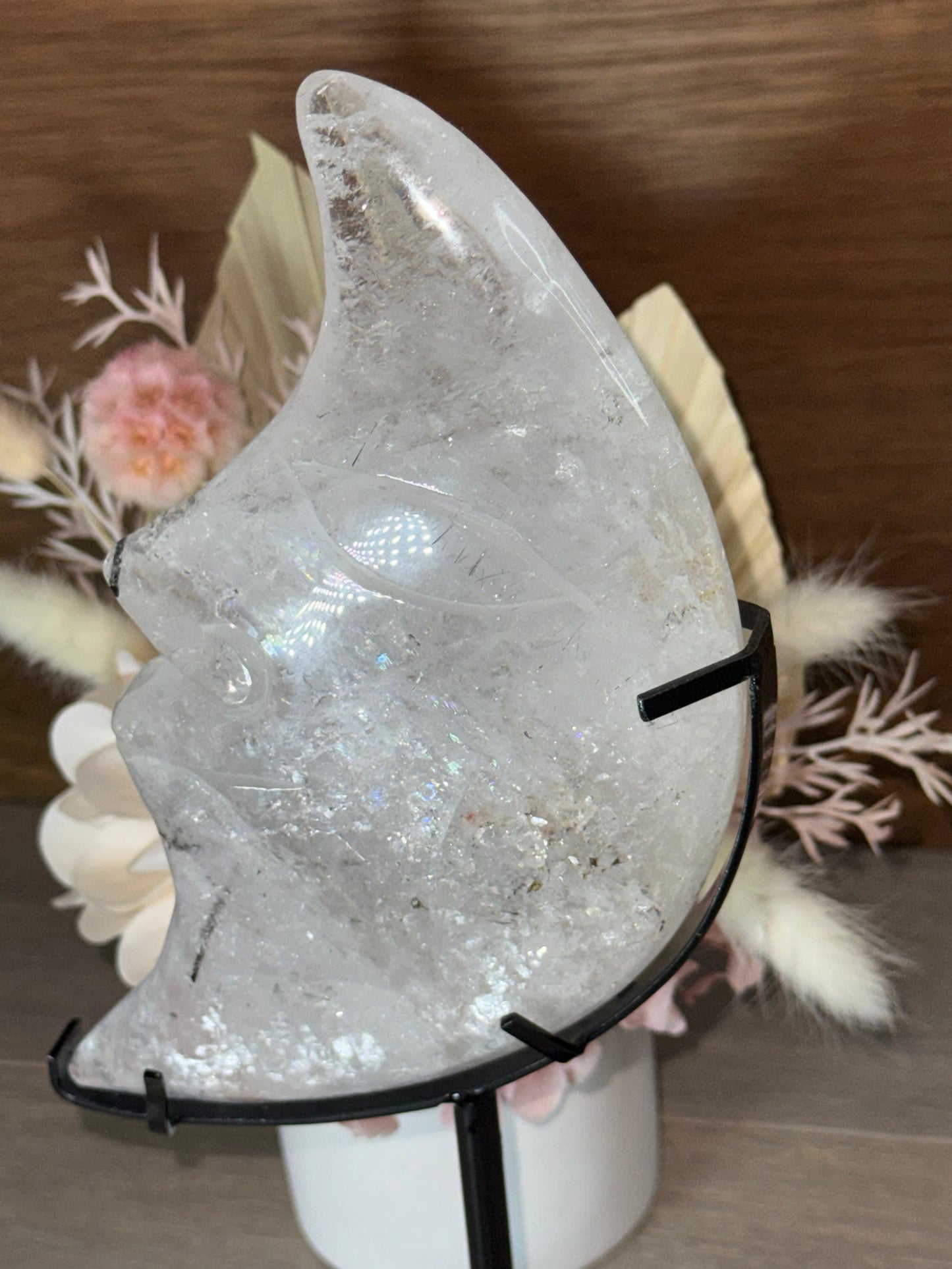 Clear Quartz with Tourmaline XL Moon Face on Stand