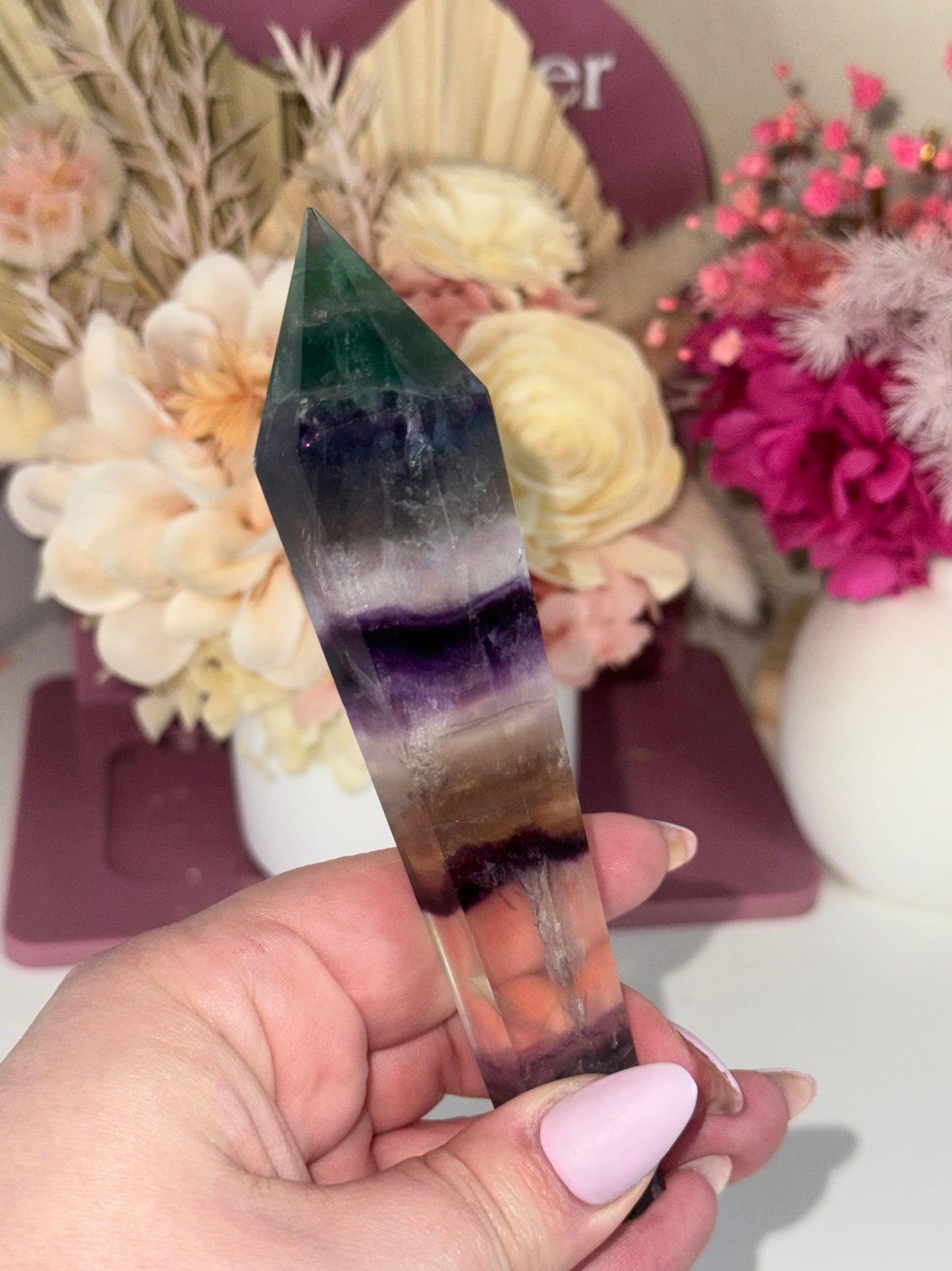 Rainbow Fluorite Wand with Gold Stand