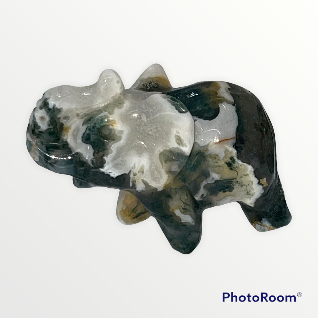 Moss Agate Elephant Carving