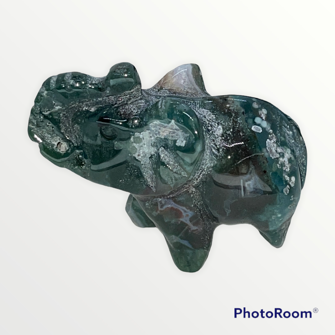 Moss Agate Elephant Carving