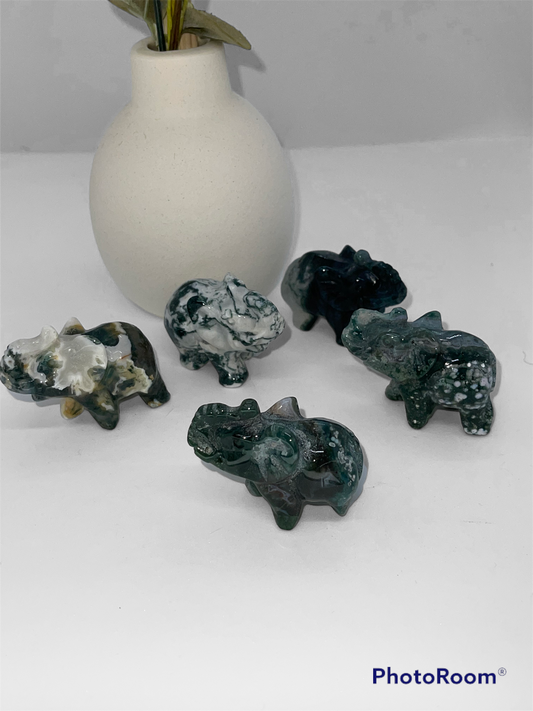 Moss Agate Elephant Carving